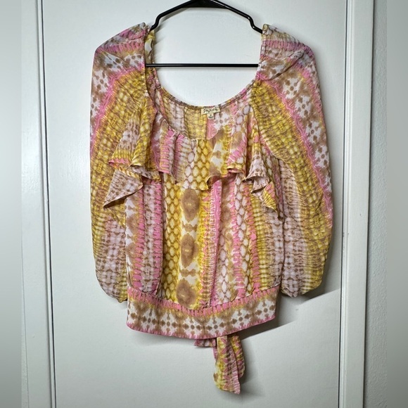 Lily White Semi Sheer Reptile Snake Print Pink White Yellow Ruffle Blouse Top M - Picture 1 of 13